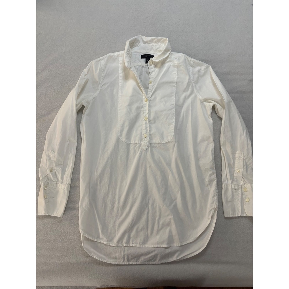 J.Crew Womens White Cotton Bib Front Tuxedo Popover Shirt Size 0 Long Sleeve